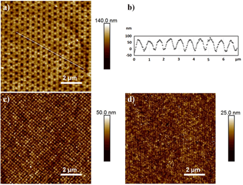 Enlarged view: Figure 2: AFM images of P(EGMA-co-FuMaMA) copolymer nanostructures grafted from ETFE. (a) Structure with hexagonal symmetry defined by six interfering beams and (b) line profile along the line indicated in (a). High resolution structures were achieved using interference of (c) four beams, resulting dots with 280 nm period, and (d) two beams, resulting in 200 nm period lines.