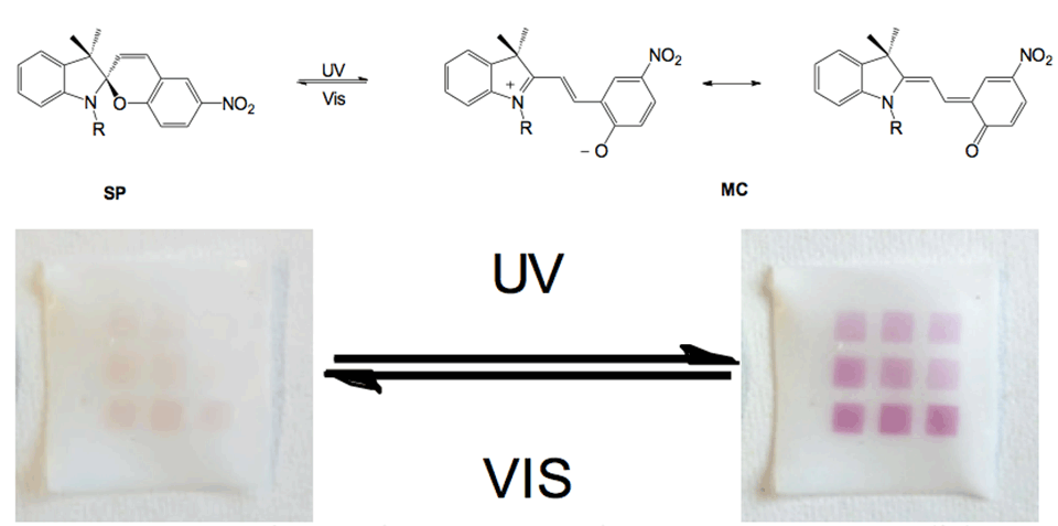 Enlarged view: Figure 3: Reversible transformation of isomeric structures of ring-closed colorless spiropyran (SP) and two canonical open forms-zwitterionic and uncharged-of the colored merocyanine (MC). 